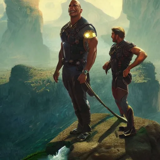 Image similar to Dwayne Johnson and Ryan Gosling Save the World, fantasy, intricate, elegant, highly detailed, digital painting, artstation, concept art, smooth, sharp focus, illustration, art by artgerm and greg rutkowski and alphonse mucha