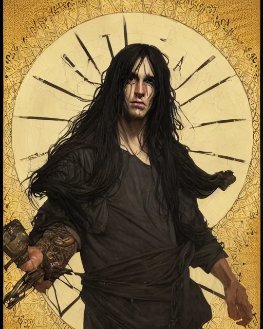 Prompt: portrait of tall, 3 3 - year - old handsome man with long dirty black hair, and grey eyes, wearing black clothes, clear face, hyper realistic face, beautiful eyes, close up, fantasy art, in the style of greg rutkowski, intricate, alphonse mucha, hyper detailed, smooth