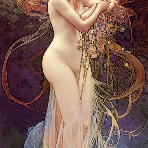 Image similar to girl in a long dress underwater, caustics, painting by Alphonse Mucha Ayami Kojima Amano Charlie Bowater