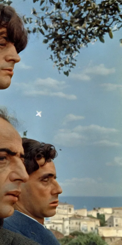 Image similar to a scene of a la giornata ( 1 9 6 6 ) a movie of antonioni starring mastroianni!!!! in the style of the ( ( ( scrovegni by giotto ) ) ). incredibly blue sky with stars. dark lue sky everywhere. technicolor, grandiose, cinematic, 5 0 mm, highly detailed, romantic