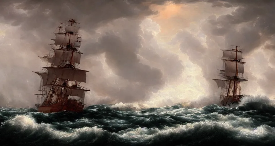 Prompt: british 1 7 0 0 s frigate surrounded by raging stormy seas by eugene von guerard, ivan shishkin, night, red lightning!!, storm!, dramatic lighting, concept art, trending on artstation, 8 k