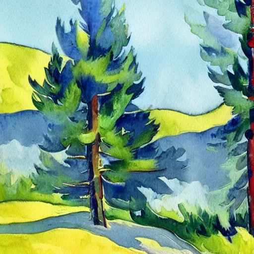 Image similar to fauvism artstation watercolor landscape, mountain with pine trees.