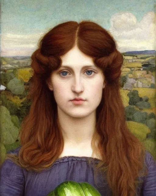 Prompt: Pre-Raphaelite portrait of a young, beautiful girl with short blond-hair and grey eyes holding a courgette