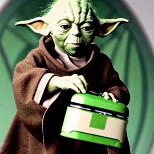 Prompt: A still of Yoda’s first day at school. Holding a Star Wars lunch pail .