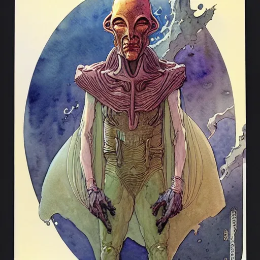 Image similar to a simple and atmospheric watercolour portrait of a pulp sci - fi alien god, very muted colors, by rebecca guay, michael kaluta, charles vess and jean moebius giraud