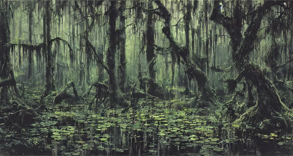 Image similar to A dense and dark enchanted forest with a swamp, by John Berkey