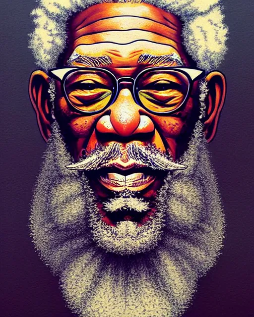 Prompt: detailed hipster morgan freeman, long fires beard, dmt, by james gurney + intricate and vibrant work + portrait + trending on artstation + incredible gothic illustration + exquisite detail