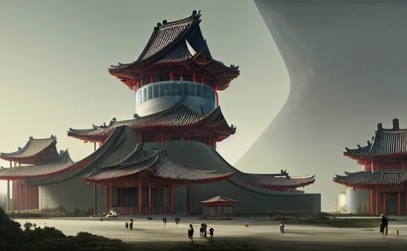 Image similar to exterior shot of utopian ancient chinese architecture with cinematic lighting by zaha hadid peter zumthor and renzo piano and frank gehry, darek zabrocki and greg ruthkowski, simon stalenhag, cinematic, holy place, paradise, scifi, futurism, atmospheric, concept art, artstation, trending on artstation