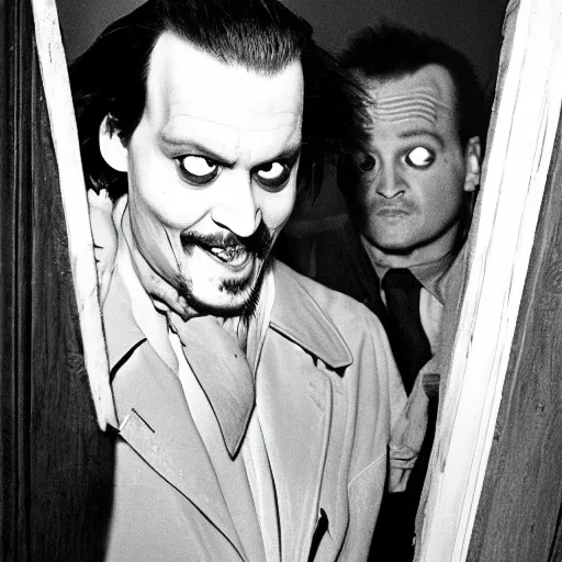 Image similar to Johnny Depp as Jack Torrance in Shining looking through the hole in the broken door