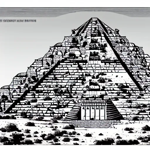 Prompt: gigantic colossal tortoise in the desert on its back pyramid ziggurat highly detailed concept art schematic, Laurie Greasley