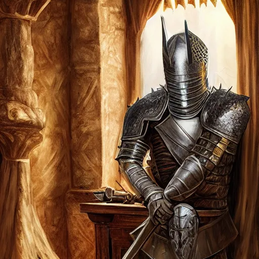 Prompt: knight, fantasy art, located in a castle, legendary spiky armor, morning sunlight through the window, decorated, high quality, highly detailed, 4 k