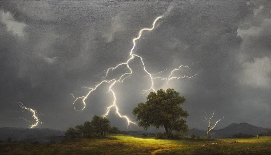 Image similar to A beautiful, highly-detailed oil painting of a lightning striking a lonely oak tree in the middle of a dark, stormy landscape