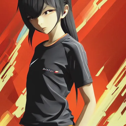 Image similar to shirt art, logo graphic design, frame around picture, manga style, realistic lighting, futuristic solid colors, made by ilya kuvshinov, sold on sukebannyc, from arknights, girl, elegant, shoulder eyes, sport clothing, running shoes, simple background