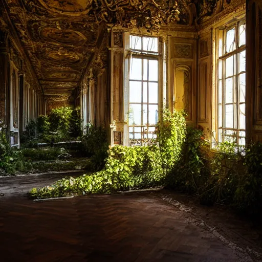 Prompt: inside opulent abandoned overgrown Palace of Versailles ,rplants growing through the floors and walls, walls are covered with vines, dusty golden volumetric light shines through giant broken windows, rich with epic details