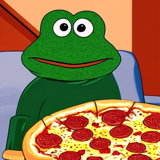 Prompt: pepe the frog chilling in the sofa eating pizza