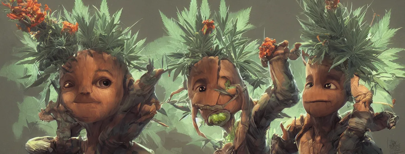 Prompt: duotone concept illustration 3 / 4 portrait of baby groot wearing cannabis hat, hemp, marijuana!, cinematic volumentric lighting, jim cheung, david marquez, mike deodato jr, ilya kuvshinov, makoto shinka, behance hd by jesper ejsing, by rhads, hyper detailed, octane render, concept art, artstation