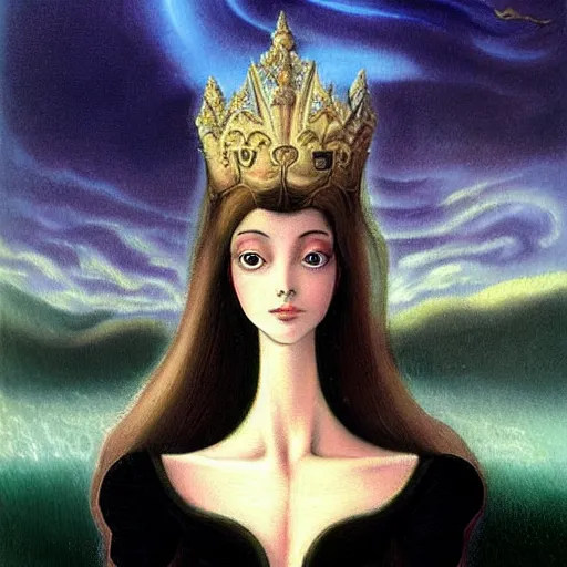 Prompt: A painting, beauty & mystery of Princess Aurora. Enigmatic smile and gaze invite us into her world, and we cannot help but be drawn in. Soft features & delicate way she is dressed make her almost ethereal. Landscape distance and mystery. What secrets Princess Aurora holds. Mediterranean, cosmic horror by Kentaro Miura, by Dean Cornwell, by Rene Magritte eclectic