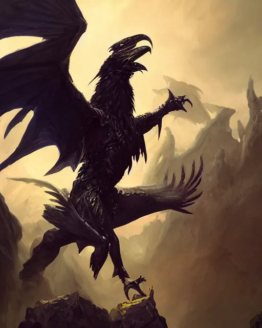 Image similar to oil painting of a Anthropomorphized raven shaman fusing with dragon, sharp focus, heroic pose, fantasy style, octane render, volumetric lighting, 8k high definition, by greg rutkowski, highly detailed, trending on art Station, magic the gathering artwork, Woodland background, centered