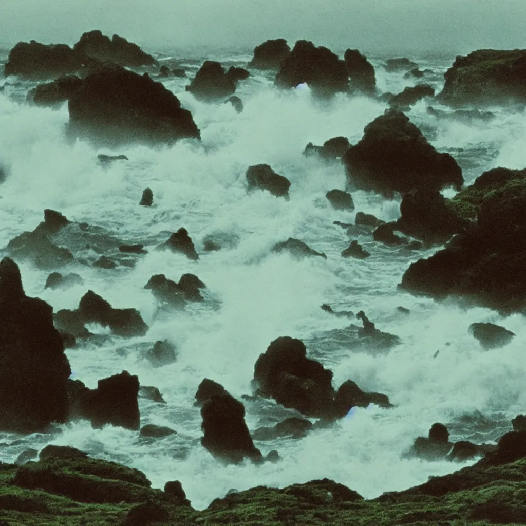 Image similar to dark and moody 1 9 7 0's artistic technicolor spaghetti western film, a large huge crowd of women in a giant billowing wide long flowing waving colorful dresses, standing inside a green mossy irish rocky scenic landscape, crashing waves and sea foam, volumetric lighting, backlit, moody, atmospheric, fog, extremely windy, soft focus