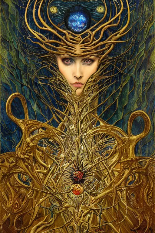 Image similar to The Heart of Thorns by Karol Bak, Jean Deville, Gustav Klimt, and Vincent Van Gogh, otherworldly, fractal structures, arcane, prophecy, ornate gilded medieval icon, third eye, spirals