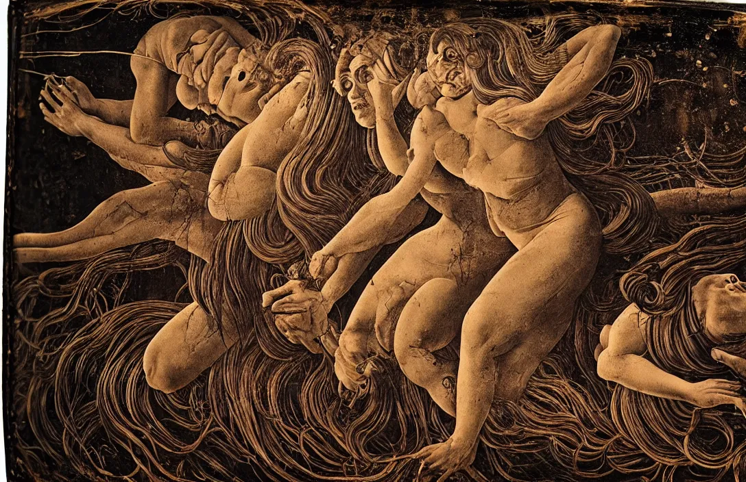 Image similar to gnarly intact flawless ambrotype from 4 k criterion collection remastered cinematography gory horror film, ominous lighting, evil theme wow photo realistic postprocessing nightmarish world of fear, horror, and revulsion that shocks and disturbs the spectator with its emotional power macrolens mural by sandro botticelli