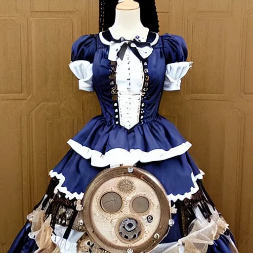 Image similar to A mechanical-steampunk themed lolita outfit ; the fabric has pictures of galaxies moons and stars on it. A beautiful lolita dress, Angelic Pretty!dream a steampunk themed lolita outfit ; the fabric has pictures of gears and bolts on it. A beautiful lolita dress, Angelic Pretty