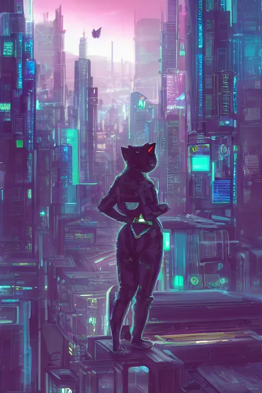 Image similar to a cyberpunk anthropomorphic cat with a fluffy tail staring over a futuristic city from the top of a roof, comic art, trending on furaffinity, cyberpunk, backlighting, cartoon, by kawacy