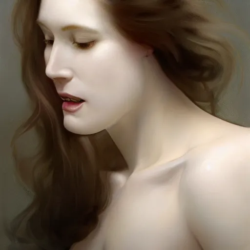 Prompt: A pregnant albino woman with closed eyes smiling, very detailed sharp angular masculine face, hooked nose and square jaw long fluffy curly blond hair, (12x) extremely pale white skin, light blond hair, gorgeous, beautiful, intricate, highly detailed, digital painting, artstation, concept art, sharp focus, illustration, art by greg rutkowski and alphonse mucha