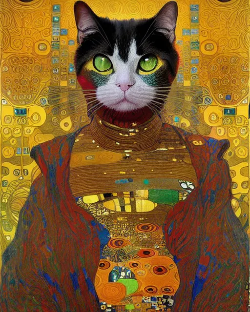 Image similar to doctor cat portrait an oil painting splashes with many colors and shapes by gustav klimt greg rutkowski and alphonse mucha, polycount, generative art, psychedelic, fractalism, glitch art