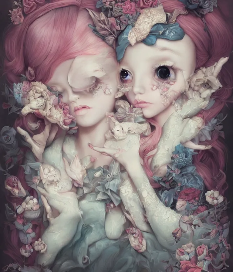 Image similar to pop surrealism, lowbrow art, realistic cute alice girl painting, japanese street fashion, hyper realism, muted colours, rococo, natalie shau, loreta lux, tom bagshaw, mark ryden, trevor brown style