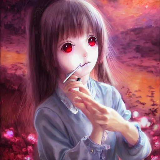 Prompt: big eyed shoggoth anime-girl smoking a cigarette hyperreality painting by amano yoshitaka, lilia alvarado 8k hd hyperdetailed