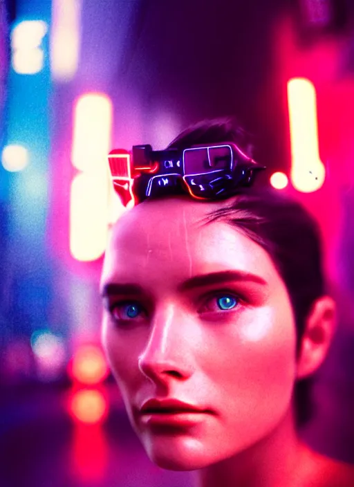 Prompt: A hyper realistic and detailed head portrait photography of a Rachael of Blade Runner on a futuristic street. by David Dubnitskiy. Neo noir style. Cinematic. neon lights glow in the background. Cinestill 800T film. Lens flare. Helios 44m