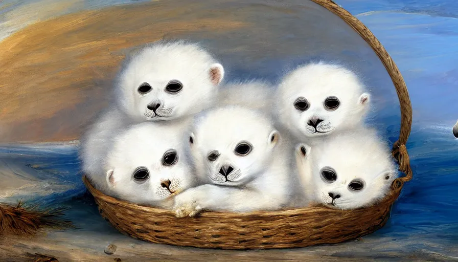 Image similar to highly detailed painting of cute furry white baby seals cuddled up in a basket by william turner, thick brush strokes and visible paint layers, 4 k resolution, blue and white colour scheme