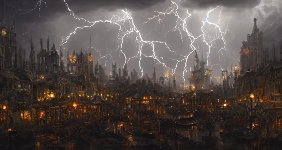 Prompt: eldritch, steampunk city, windy, by eugene von guerard, ivan shishkin, night, lightning!!, storm!, dramatic lighting, concept art, trending on artstation, 8 k