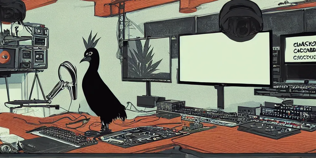 Image similar to 'black chicken'!!!! smoking 'cannabis'!!!!!! in front of 'audio console'!!! and 'multi monitors'!!! 'in a hi-tech tv broadcasting studio'!!!, artwork by James Gilleard