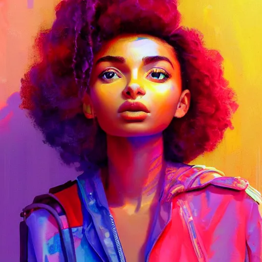 Image similar to electric yara shahidi, cute - fine - face, pretty face, oil slick hair, realistic shaded perfect face, extremely fine details, realistic shaded lighting, dynamic background, poster by by ilya kuvshinov katsuhiro otomo, magali villeneuve, artgerm, jeremy lipkin and michael garmash and rob rey