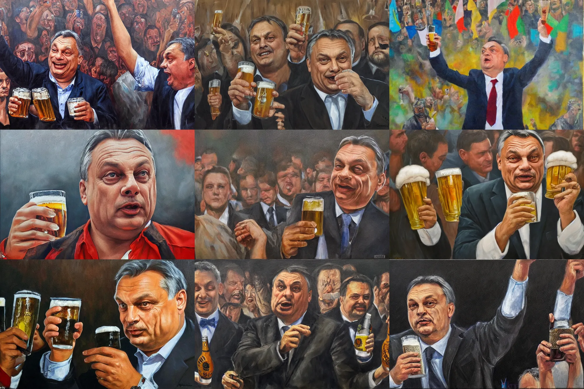 Prompt: viktor orban drinking beer and cheering at the apocalyse, highly detailed eyes, oil on canvas