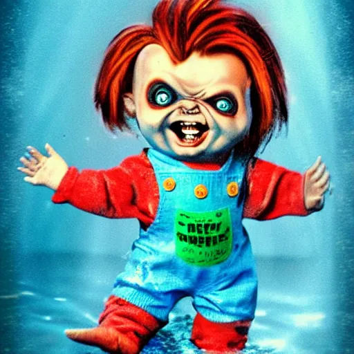 Prompt: screaming chucky doll swimming in deep blue murky water