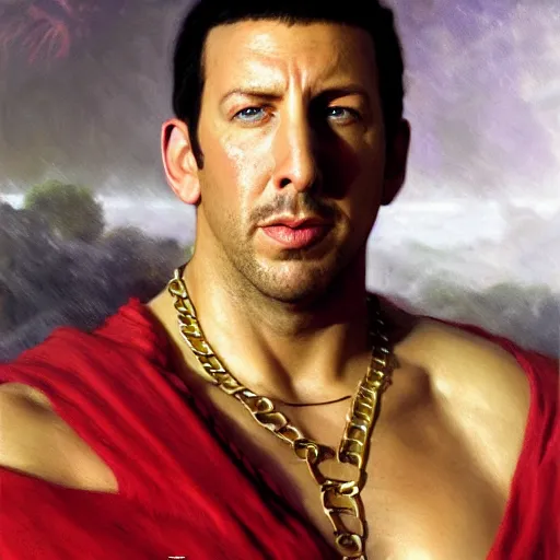 Image similar to detailed realistic cinematic wide shot of beautiful attractive muscular adam sandler as roman empreror gold chain wearing royal red clothes slim face symettrical face clean skin black eyes black robe smooth, sharp focus, ultra realistic, spring light, painting by gaston bussiere, craig mullins, j. c. leyendecker