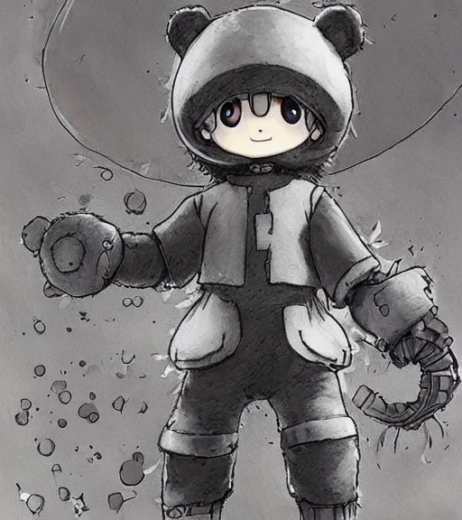 Image similar to beautiful little boy wearing an cyborg bear suit, artwork in kentaro miura and made in abyss and sakimichan, inspired in super bomberman, smooth, beautiful lightness, anatomically correct, trending on pixiv, moon