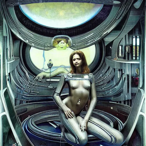 Prompt: epic masterpiece full body portrait a beautiful woman, with a beautiful face and flawless skin, lounging inside a spaceship designed by H.R. Giger, by Edgar Maxence and Ross Tran and Michael Whelan