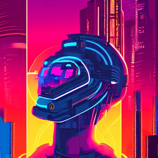 Image similar to a graph - style gouache impasto huge robot head in front of her, cyberpunk art by by james gilleard, cgsociety, retrofuturism, synthwave, retrowave, outrun