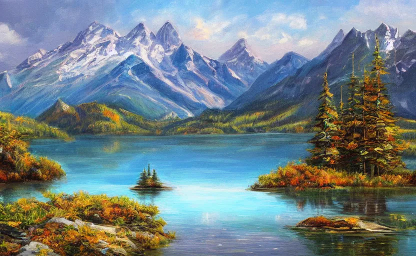 Prompt: a beautiful lake with mountains in the background, oil painting, trending on artstation, highly detailed