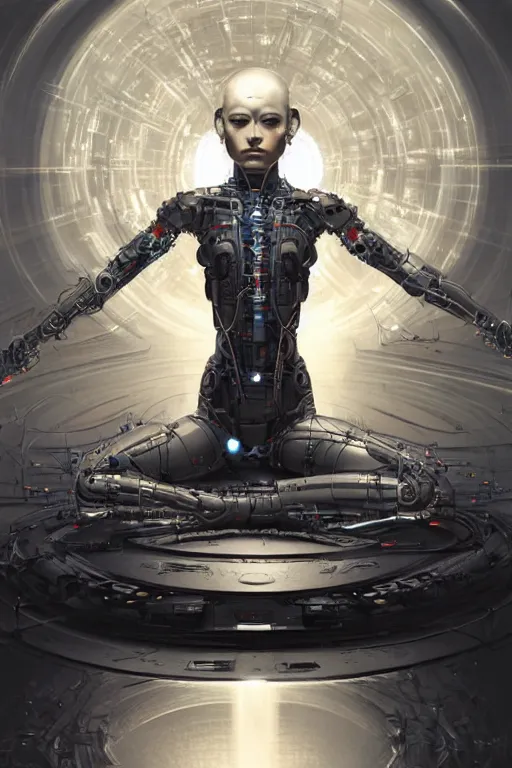 Image similar to Meditating cyborg with many cybernetic implants and wiring, lotus pose, techno-optimism, utopia, sci-fi, hyperrealist, centered, wide angle shot, shart focus, detailed, intricate, 4k UHD, creative lighting, digital painting by Greg Rutkowski, face by artgerm, digital art, trending on artstation, top post of all time on /r/transhumanism subreddit