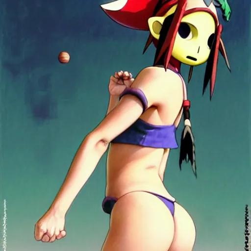 Image similar to beautiful boyish natalie portman gravure model in majora's mask, wearing wooden mask and baseball cap and leotard, street wear with subtle mayan patterns, aztec bathing suit, gapmoe yandere grimdark, trending on pixiv fanbox, painted by greg rutkowski makoto shinkai takashi takeuchi studio ghibli, akihiko yoshida