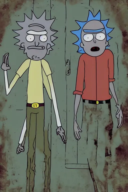 Image similar to a kodak photograph of rick and morty, creepy aesthetic,