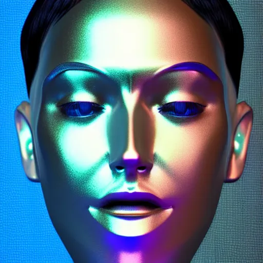 Image similar to 3d render of holographic human robotic head made of glossy iridescent, surrealistic 3d illustration of a human face non-binary, non binary model, 3d model human, cryengine, made of holographic texture, holographic material, holographic rainbow, concept of cyborg and artificial intelligence