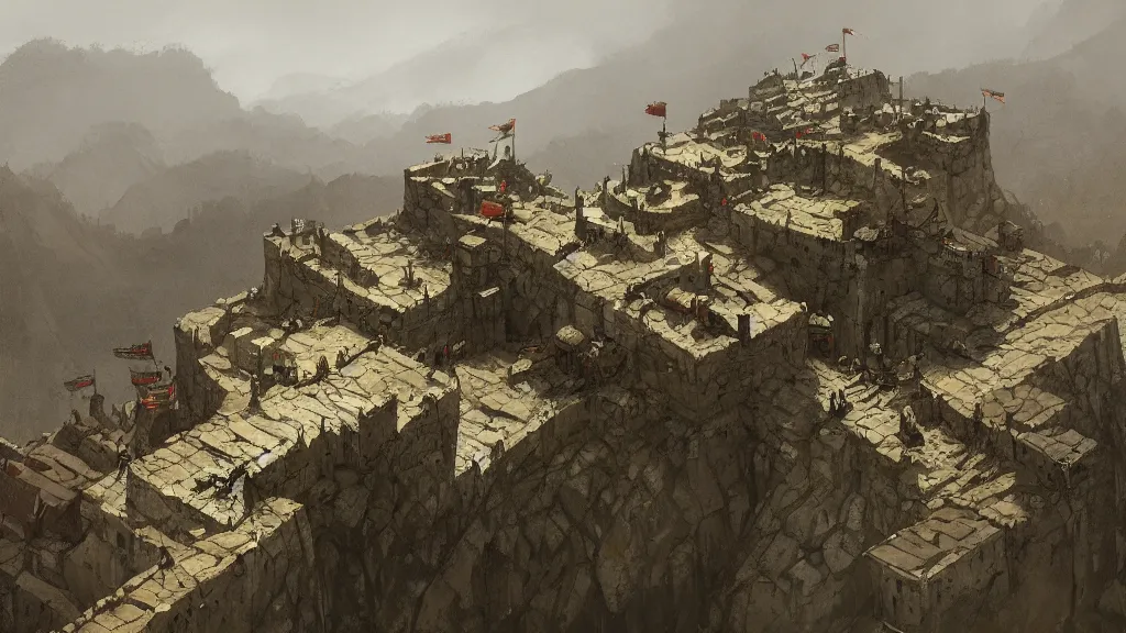 Prompt: top down view of fortified mountain bastion with small flagposts, papyrus, watercolored, jakub rozalski, dark colours, dishonored, artstation
