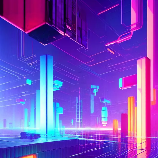 Image similar to a cyberpunk colorful cubes interconnected with glowing tubes, giant tubes connecting separate blocks, blockchain, symmetry, intricate, volumetric lighting, beautiful, rich deep colors masterpiece, sharp focus, ultra detailed, in the style of john harris