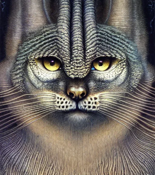 Image similar to detailed realistic beautiful manul portrait by jean delville, gustave dore, iris van herpen and marco mazzoni, art forms of nature by ernst haeckel, art nouveau, symbolist, visionary, gothic, neo - gothic, pre - raphaelite, fractal lace, intricate alien botanicals, ai biodiversity, surreality, hyperdetailed ultrasharp octane render